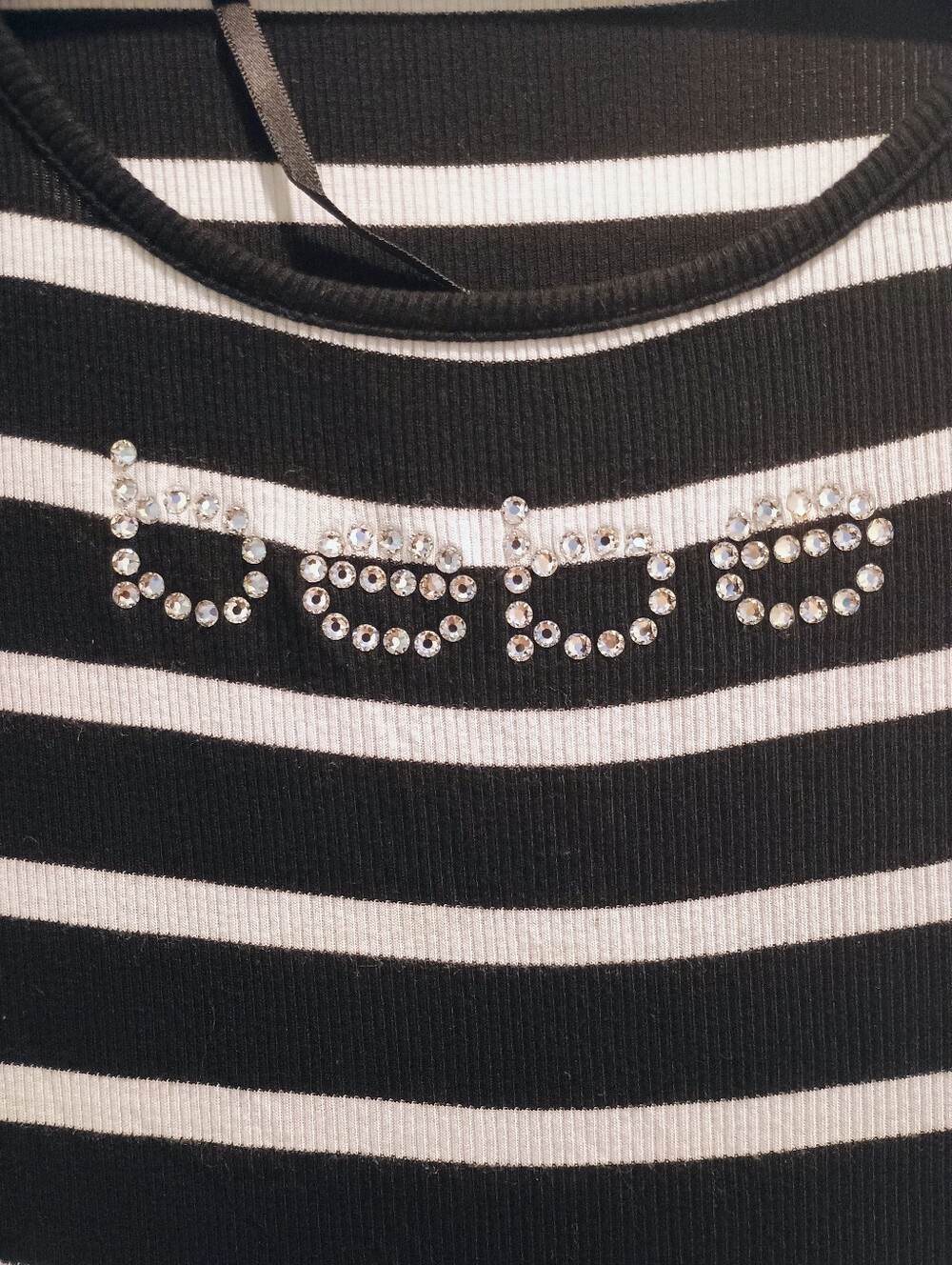 bebe Black and White Striped Cap Sleeve Midi Dress with Rhinestone Logo - Picture 3 of 3